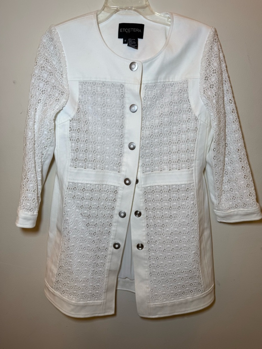 Etcetera White Geo Eyelet Lace Cutout Mid Length Jacket Sz 8 Silver Snaps Modern